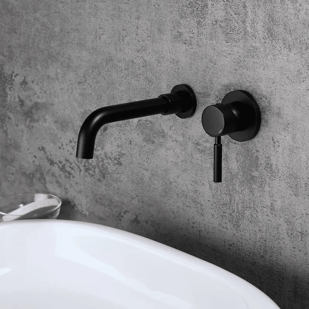 Modern Brass Wall-Mount Bathroom Tap with Single Handle in Matte Black Sink -Bathlova