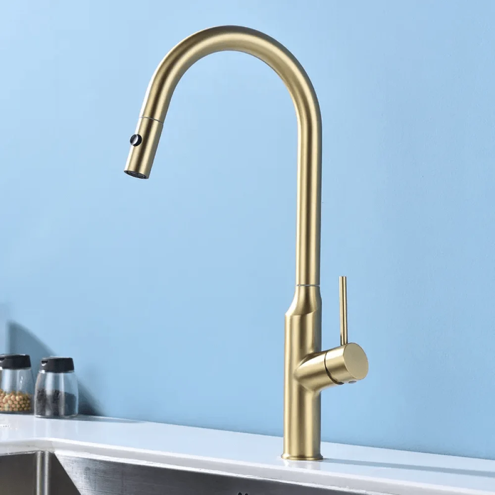 Modern Brushed Gold Pull-Out Kitchen Tap with Double Function Sprayer -Bathlova