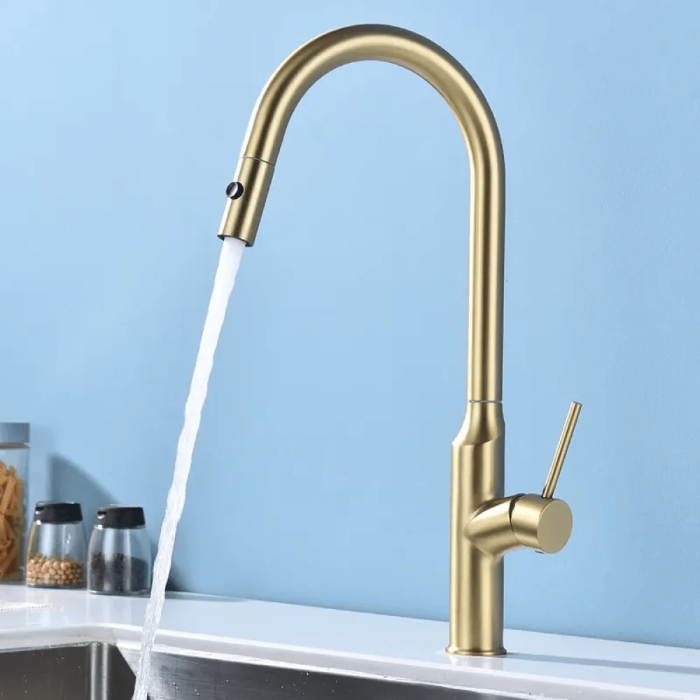 Modern Brushed Gold Pull-Out Kitchen Tap with Double Function Sprayer -Bathlova