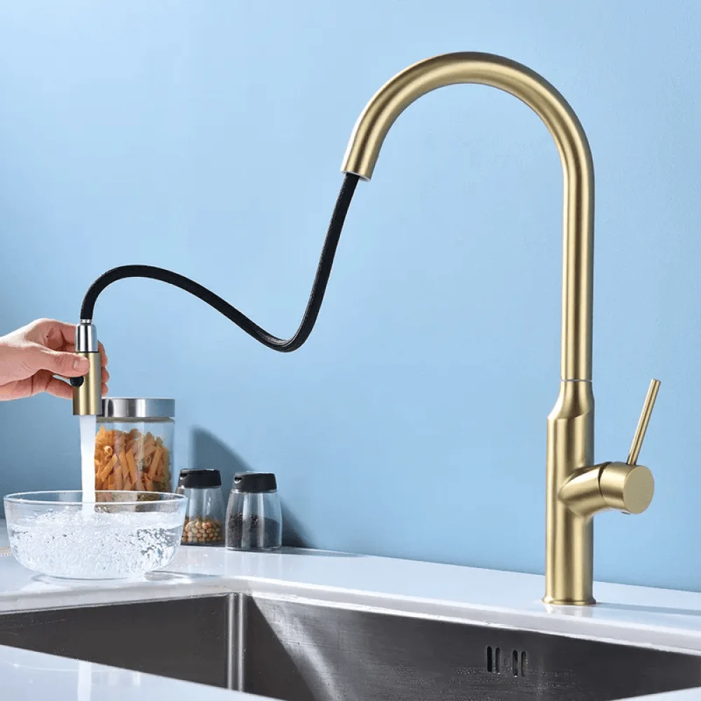 Modern Brushed Gold Pull-Out Kitchen Tap with Double Function Sprayer -Bathlova