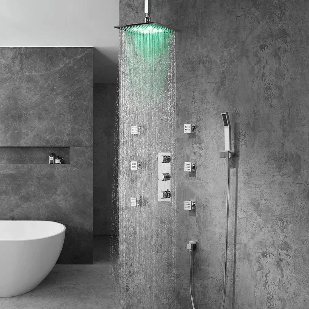 Modern Ceiling Mounted 12" Shower System with Handheld Shower & 6 Body Sprays - LED Rain -Bathlova