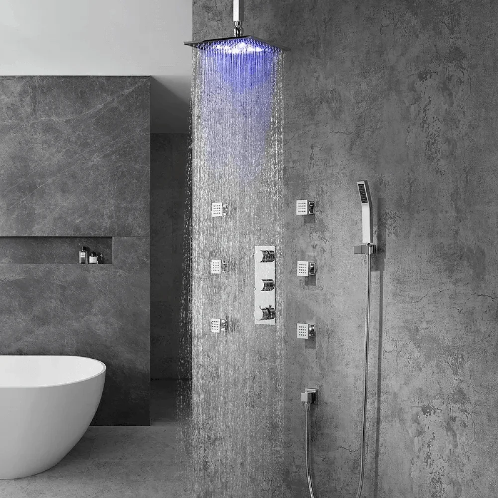 Modern Ceiling Mounted 12" Shower System with Handheld Shower & 6 Body Sprays - LED Rain -Bathlova