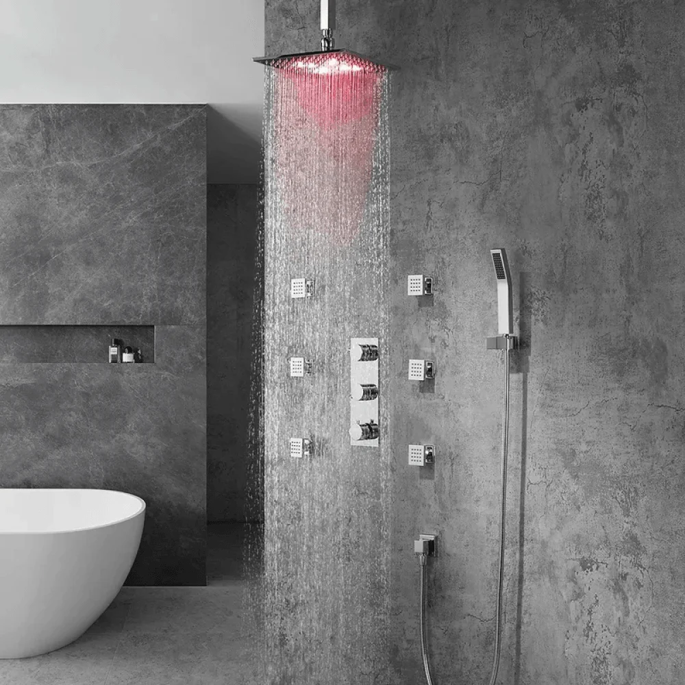 Modern Ceiling Mounted 12" Shower System with Handheld Shower & 6 Body Sprays - LED Rain -Bathlova