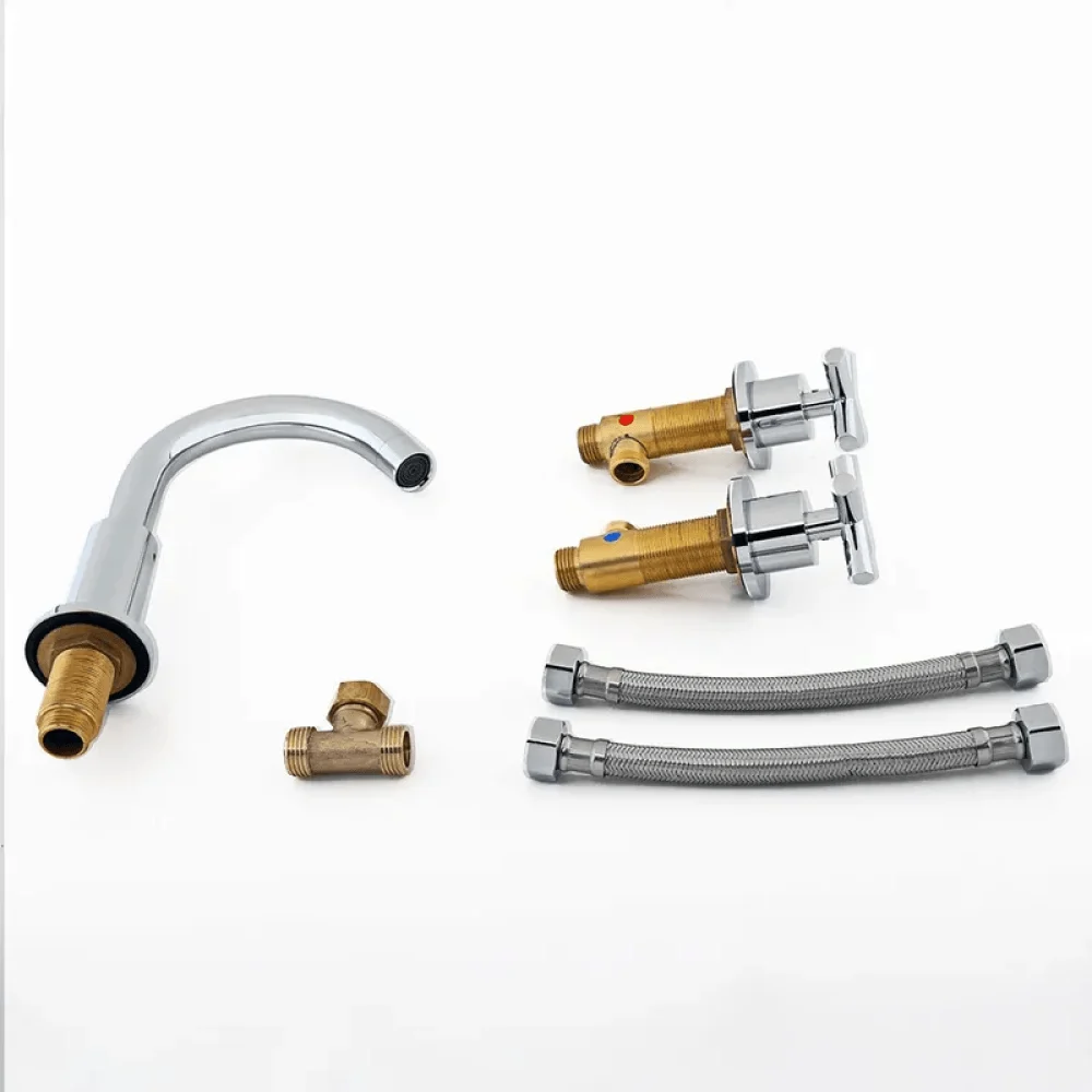 Modern Chrome Goosenecked Bathroom Tap - Double Cross Handle Spout -Bathlova