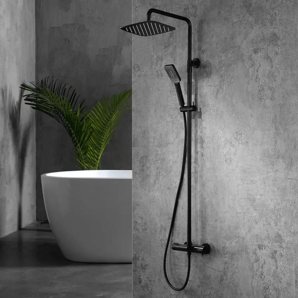 Modern Exposed Thermostatic Shower Fixture with Hand Shower in Matte Black - Rainfall Shower -Bathlova