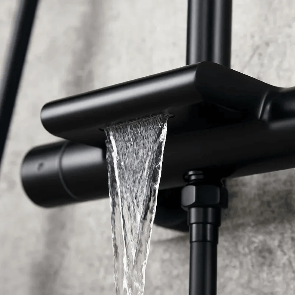 Modern Exposed Thermostatic Shower Fixture with Hand Shower in Matte Black - Rainfall Shower -Bathlova