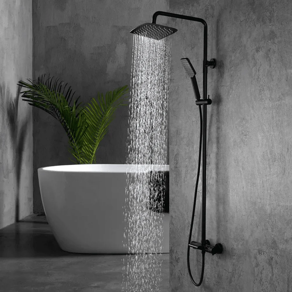 Modern Exposed Thermostatic Shower Fixture with Hand Shower in Matte Black - Rainfall Shower -Bathlova