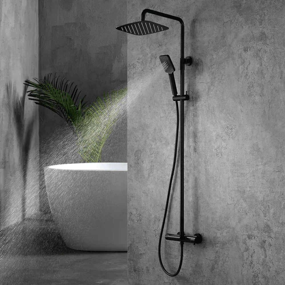 Modern Exposed Thermostatic Shower Fixture with Hand Shower in Matte Black - Rainfall Shower -Bathlova