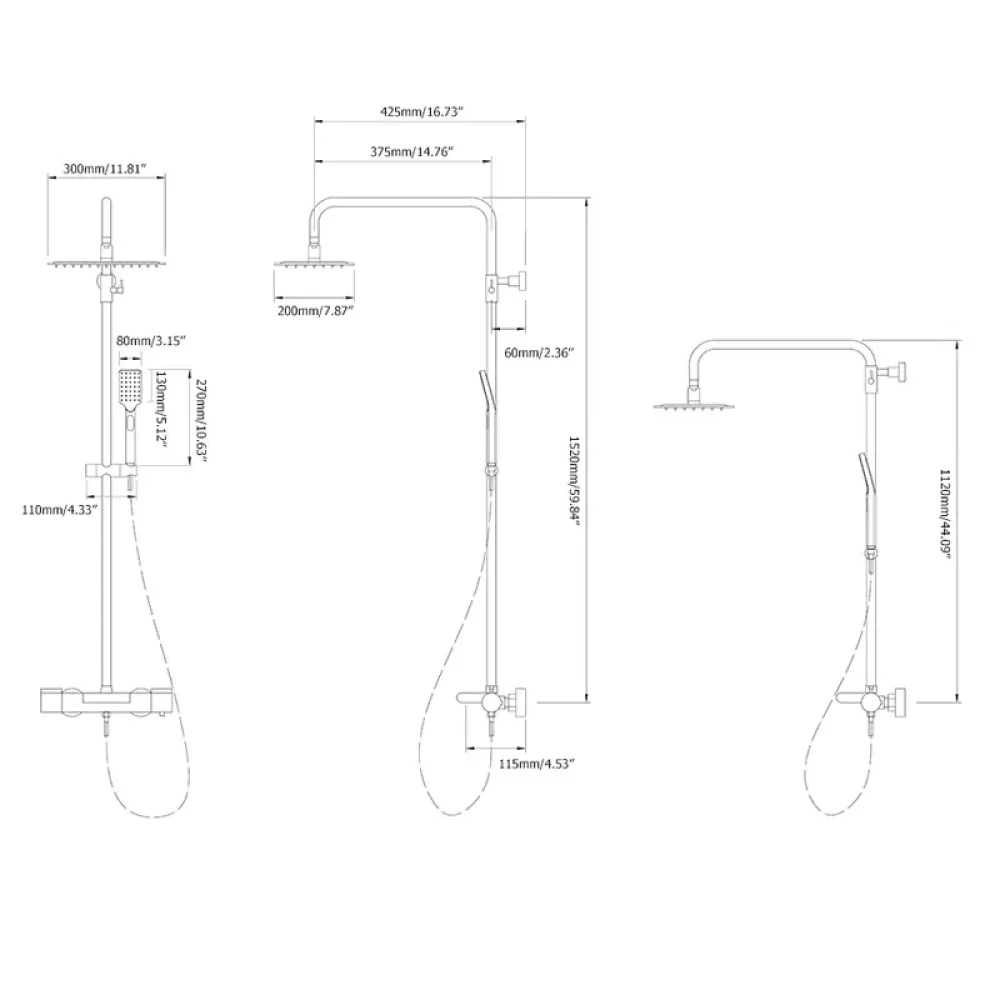 Modern Exposed Thermostatic Shower Fixture with Hand Shower in Matte Black - Rainfall Shower -Bathlova