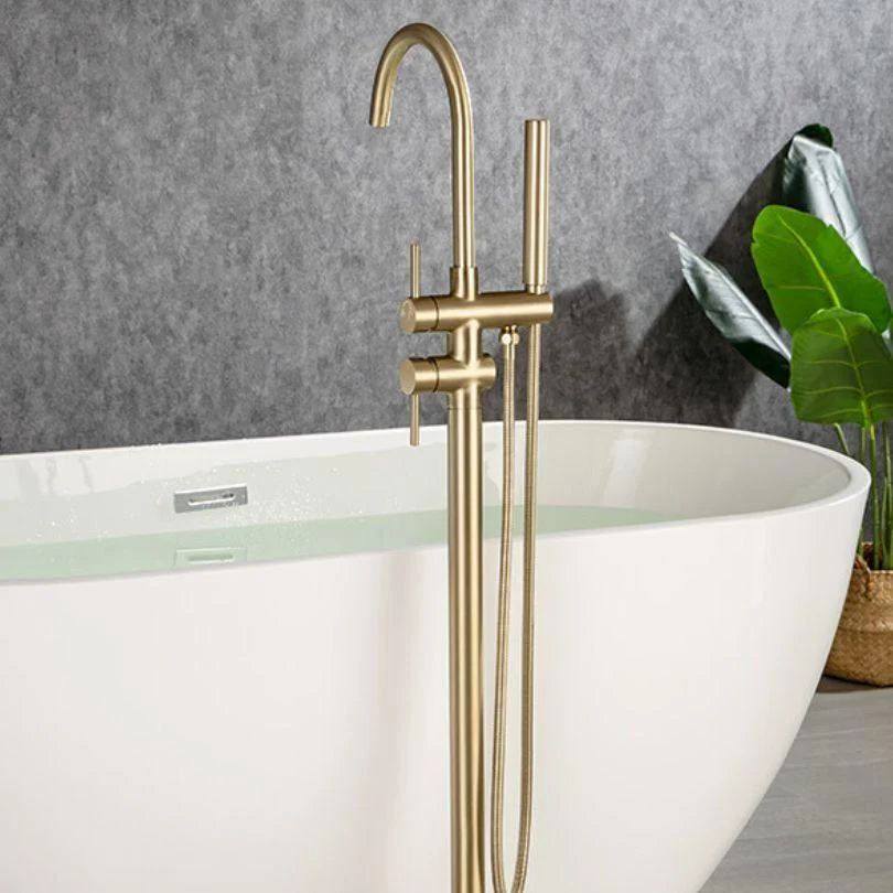 Modern Gold Brass Freestanding Bathtub Filler Tap with Handheld Shower - 30" -Bathlova