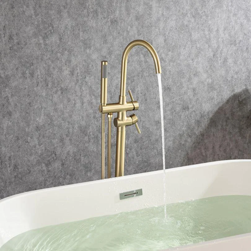 Modern Gold Brass Freestanding Bathtub Filler Tap with Handheld Shower - 30" -Bathlova