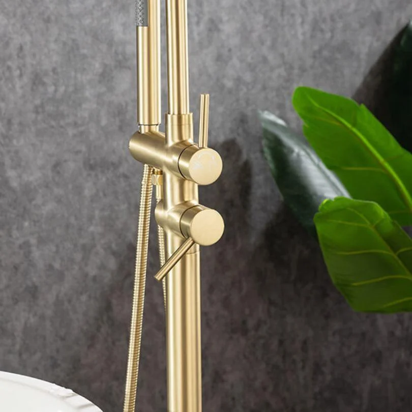 Modern Gold Brass Freestanding Bathtub Filler Tap with Handheld Shower - 30" -Bathlova