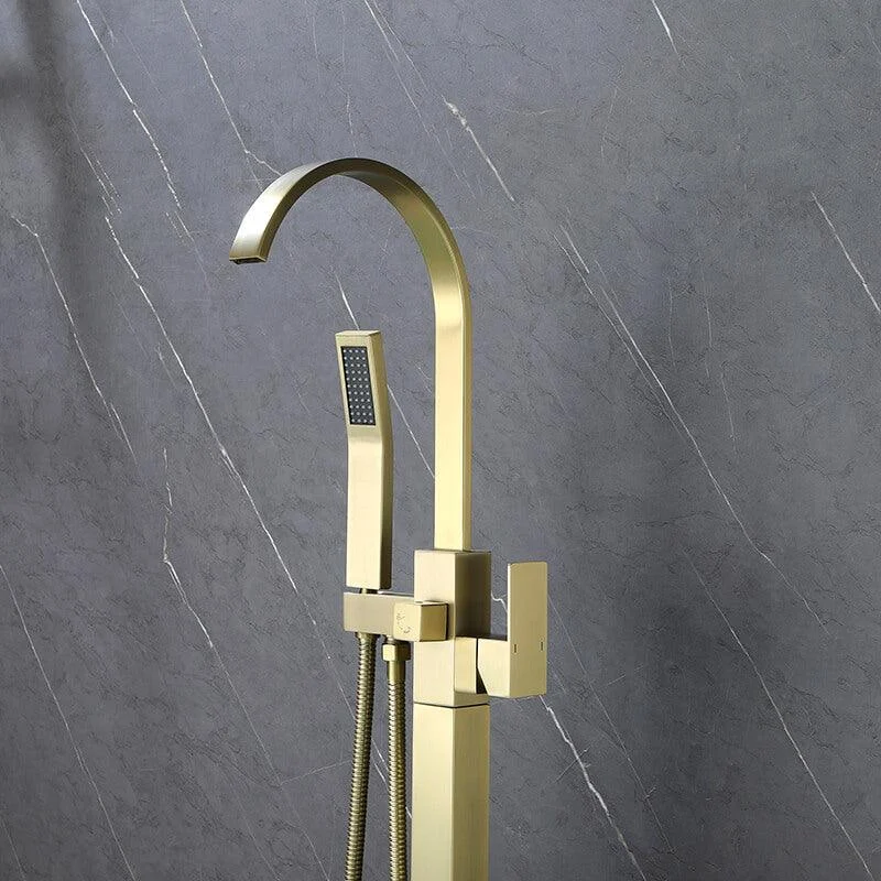 Modern Gold Floor Mounted Clawfoot Tub Tap with Hand Shower -Bathlova