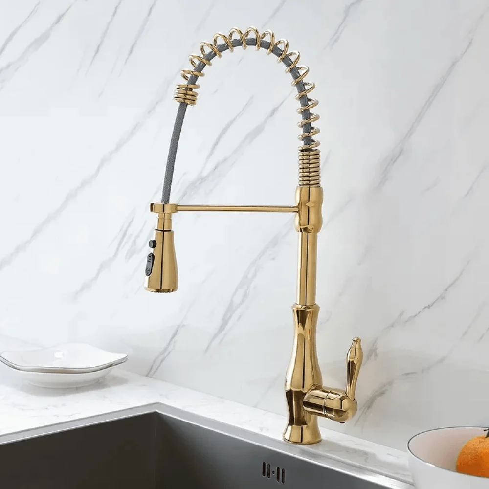 Modern Goosenecked Pull Out Kitchen Tap Brass with 3-Function Sprayer -Bathlova