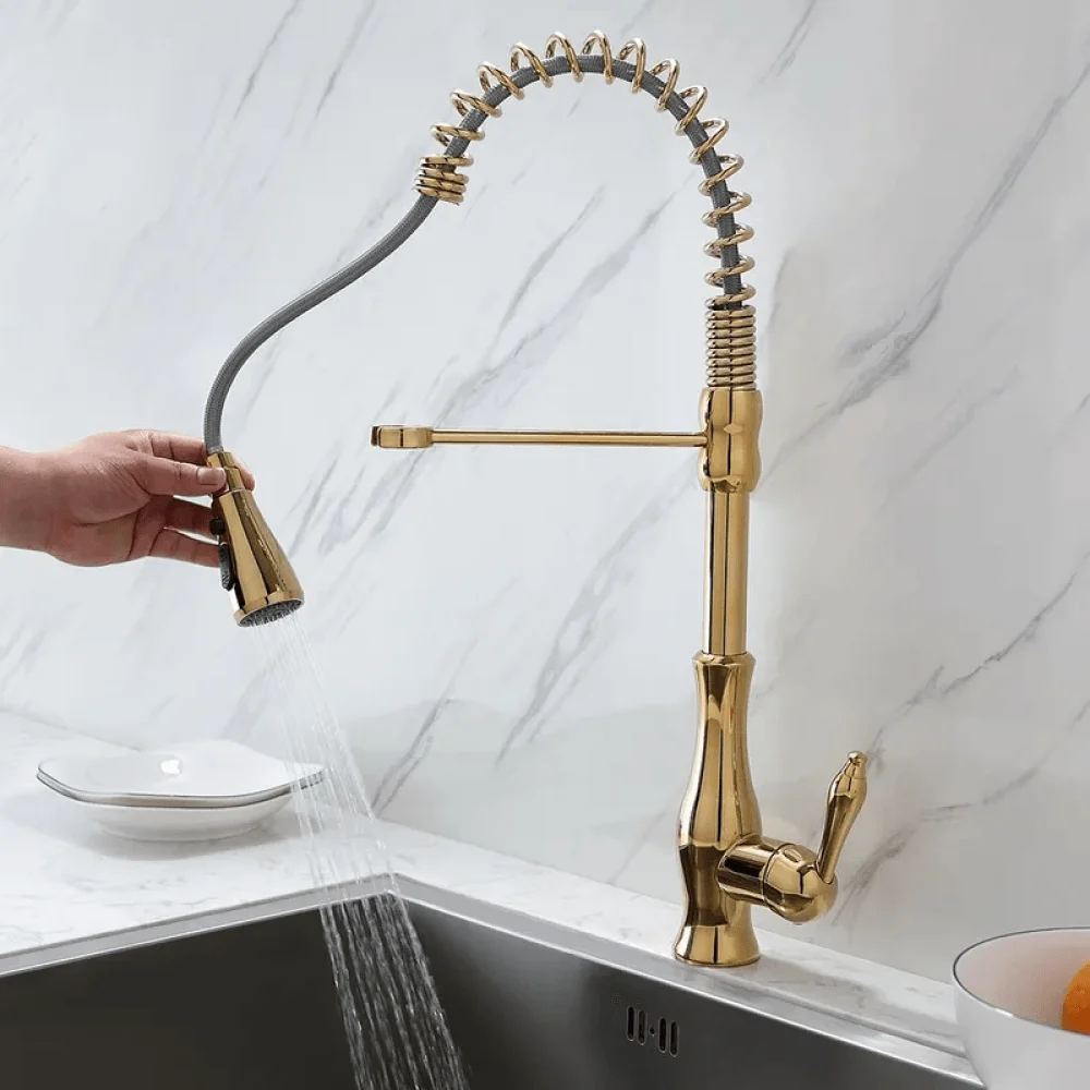 Modern Goosenecked Pull Out Kitchen Tap Brass with 3-Function Sprayer -Bathlova