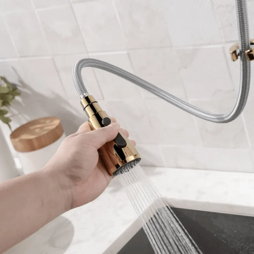 Modern Goosenecked Pull Out Kitchen Tap Brass with 3-Function Sprayer -Bathlova