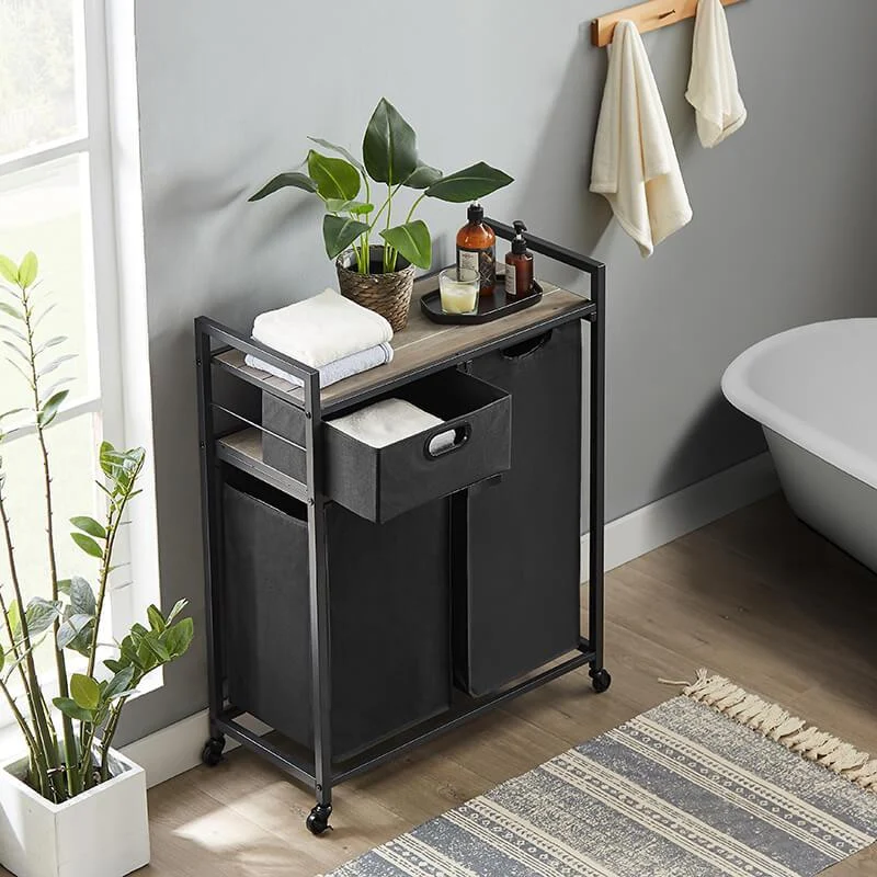 Modern Grey Laundry Hamper with Drawer - Top Shelf, 2 Laundry Sorter & 2 Bags -Bathlova