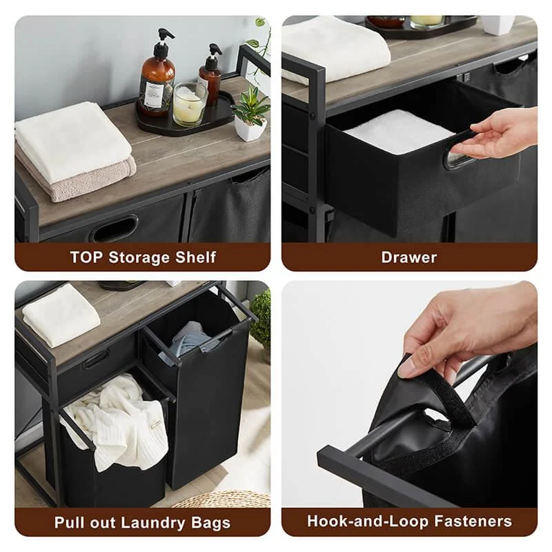 Modern Grey Laundry Hamper with Drawer - Top Shelf, 2 Laundry Sorter & 2 Bags -Bathlova