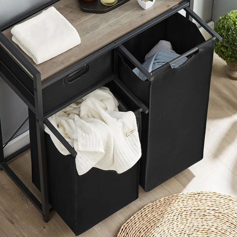 Modern Grey Laundry Hamper with Drawer - Top Shelf, 2 Laundry Sorter & 2 Bags -Bathlova