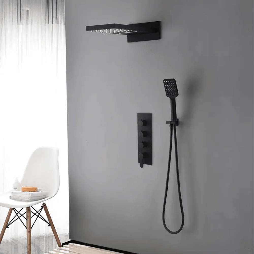 Modern Matte Black Waterfall Shower System with Handheld Shower - Wall Mounted Solid Brass -Bathlova