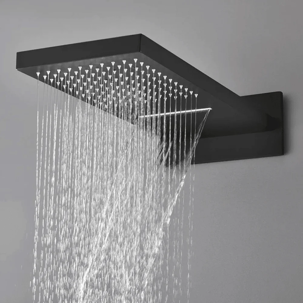 Modern Matte Black Waterfall Shower System with Handheld Shower - Wall Mounted Solid Brass -Bathlova