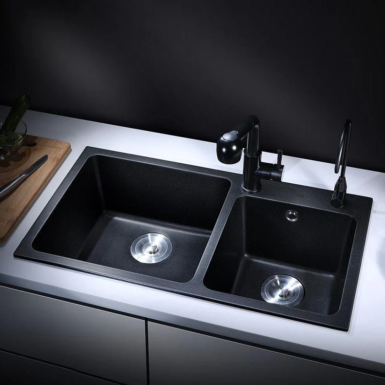 Modern Quartz Kitchen Double Basin Overflow Hole Sink Kitchen Sink in Black -Bathlova