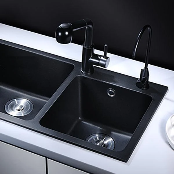 Modern Quartz Kitchen Double Basin Overflow Hole Sink Kitchen Sink in Black -Bathlova