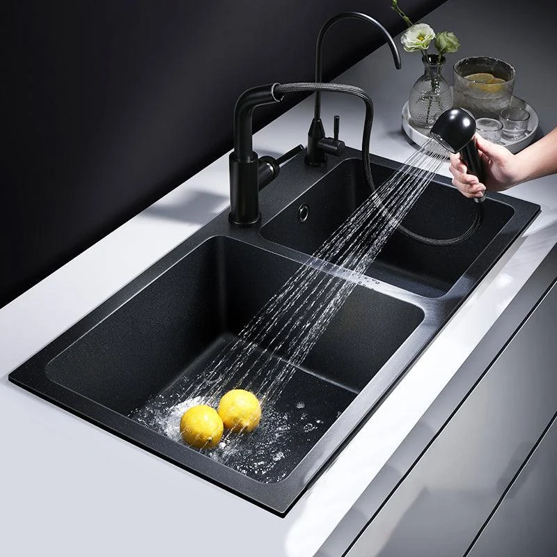 Modern Quartz Kitchen Double Basin Overflow Hole Sink Kitchen Sink in Black -Bathlova