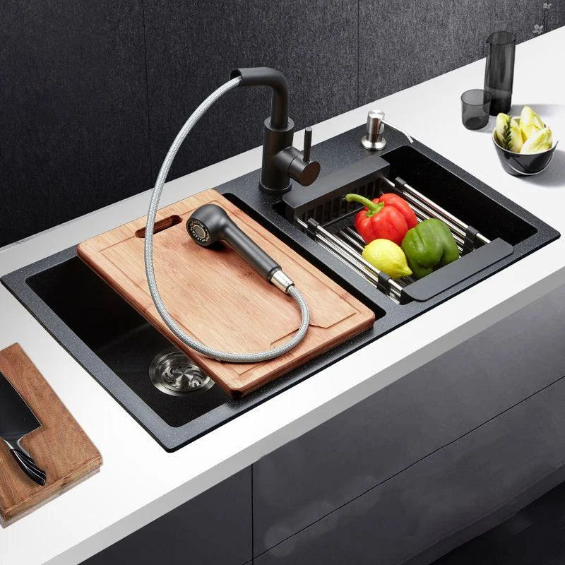 Modern Quartz Kitchen Double Basin Overflow Hole Sink Kitchen Sink in Black -Bathlova