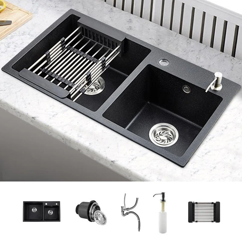 Modern Quartz Kitchen Double Basin Overflow Hole Sink Kitchen Sink in Black -Bathlova