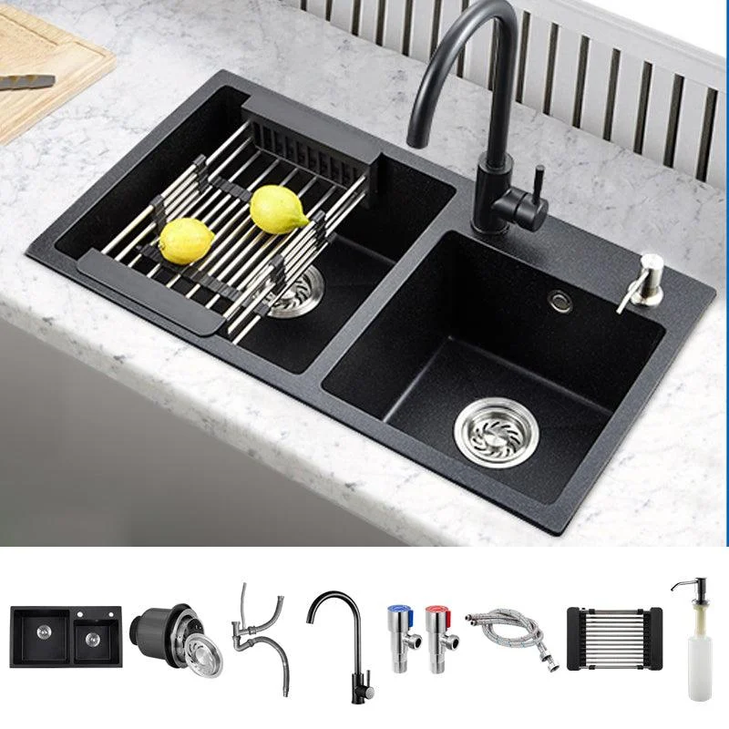 Modern Quartz Kitchen Double Basin Overflow Hole Sink Kitchen Sink in Black -Bathlova