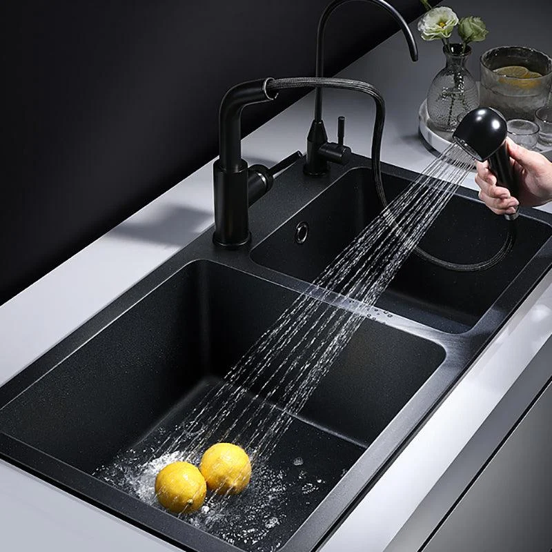 Modern Quartz Kitchen Double Basin Overflow Hole Sink Kitchen Sink in Black -Bathlova