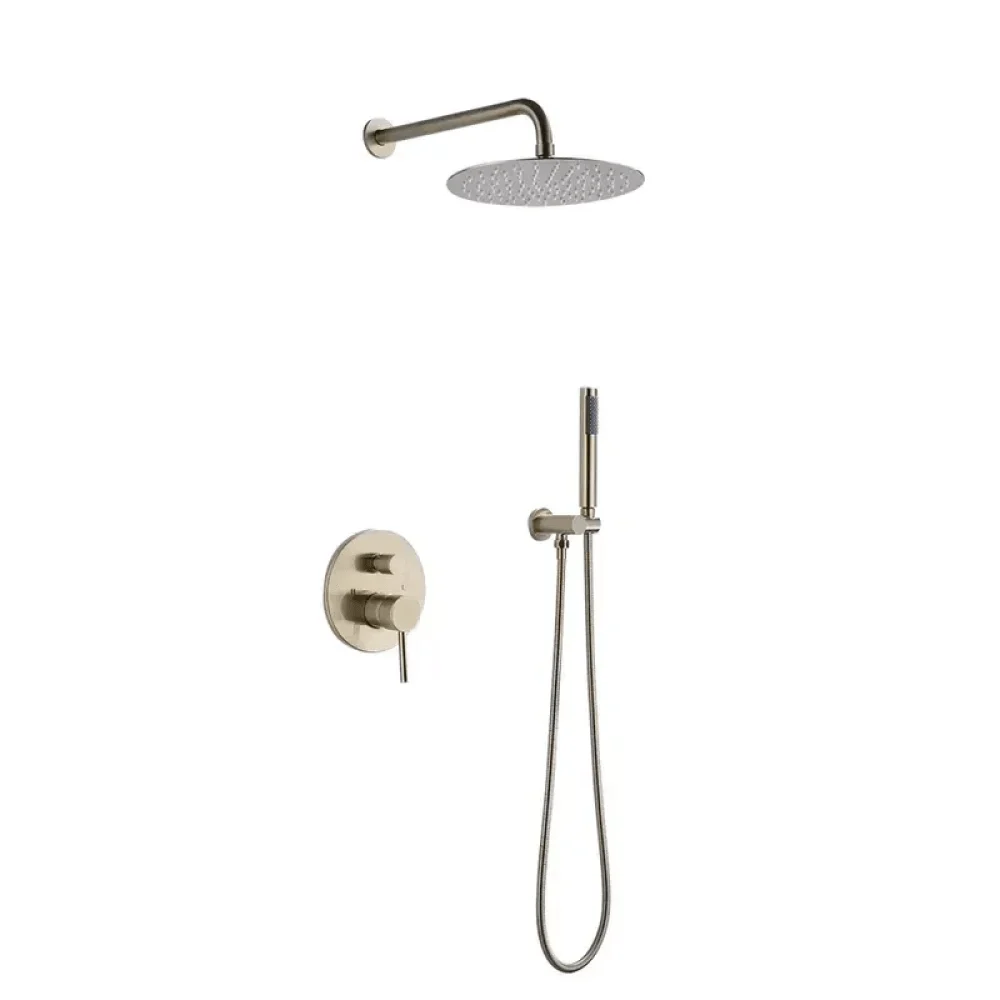 10" Brushed Gold Round Rainfall Shower System with Handheld Shower - Solid Brass Wall Mounted -Bathlova