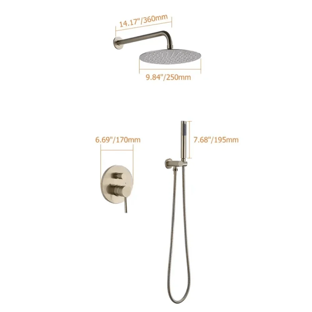 10" Brushed Gold Round Rainfall Shower System with Handheld Shower - Solid Brass Wall Mounted -Bathlova