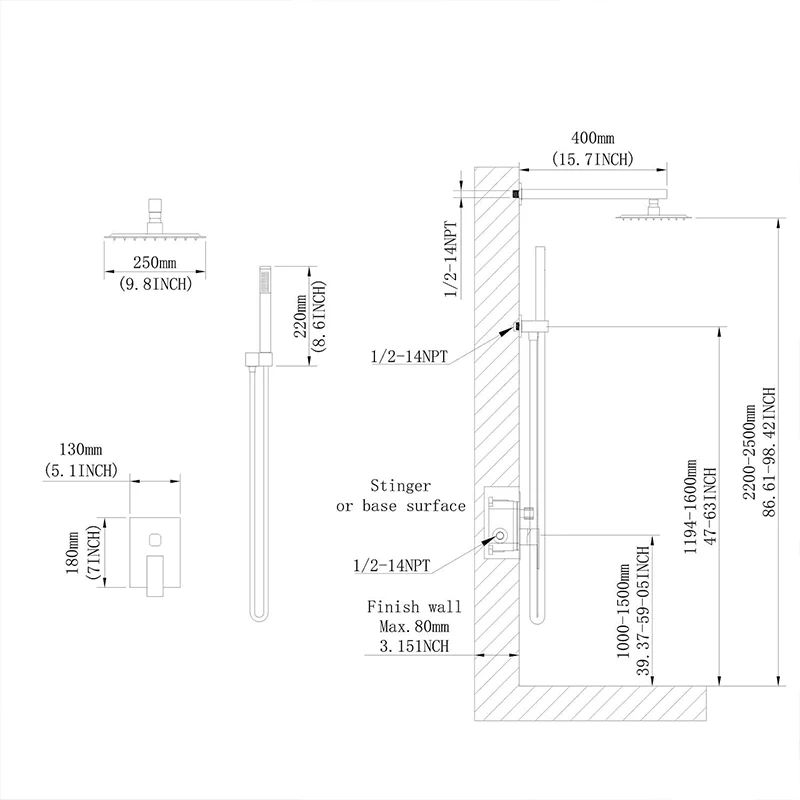 10" Luxury Wall Mounted Rain Mixer Shower System in Matte Black -Bathlova