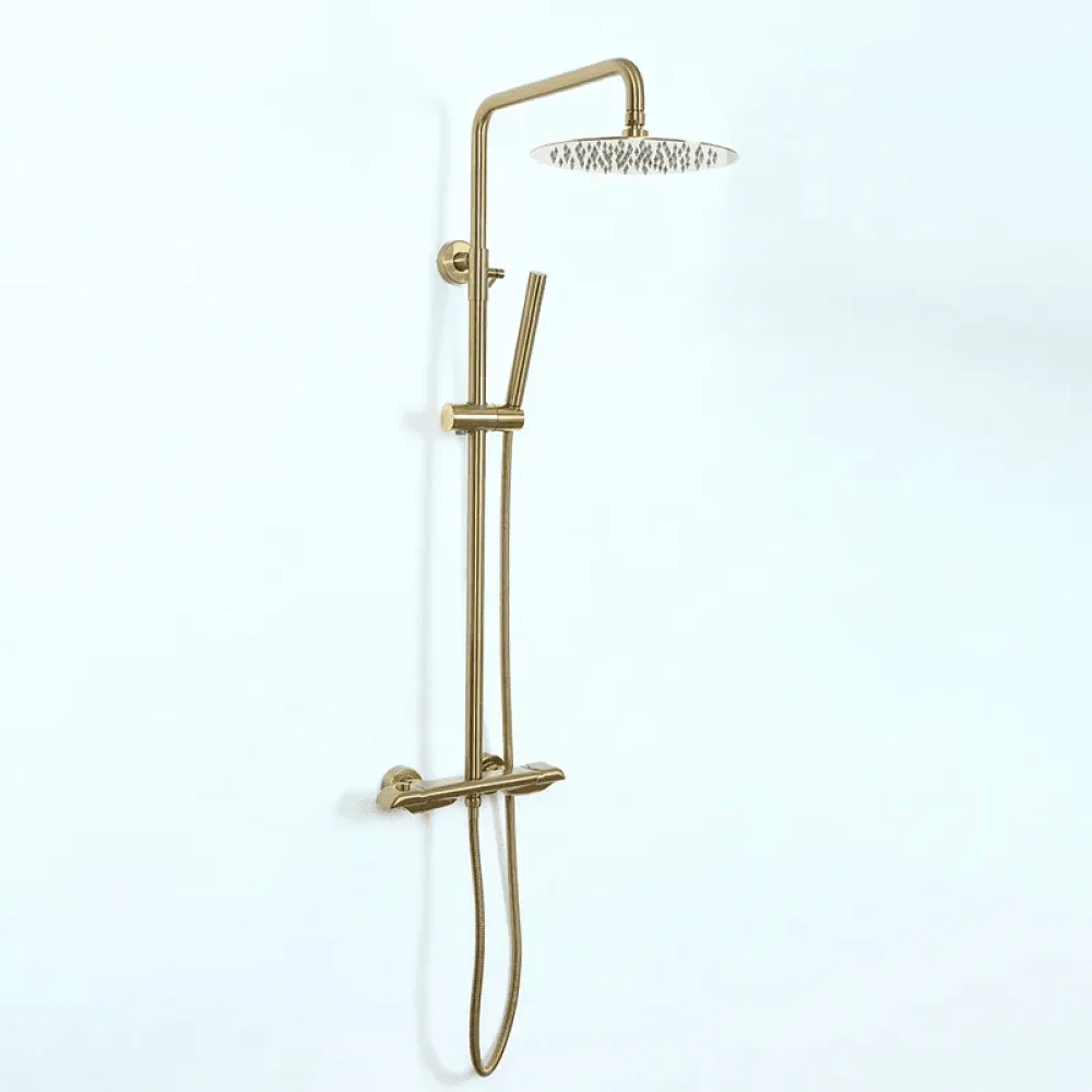 10" Modern Luxury Exposed Shower Fixture in Brushed Gold - Thermostatic Rainfall Shower Head -Bathlova