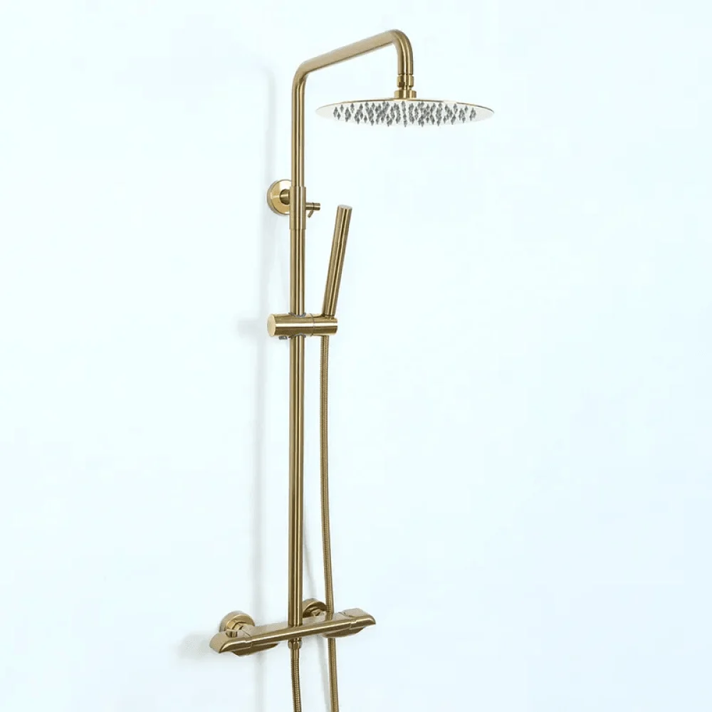 10" Modern Luxury Exposed Shower Fixture in Brushed Gold - Thermostatic Rainfall Shower Head -Bathlova