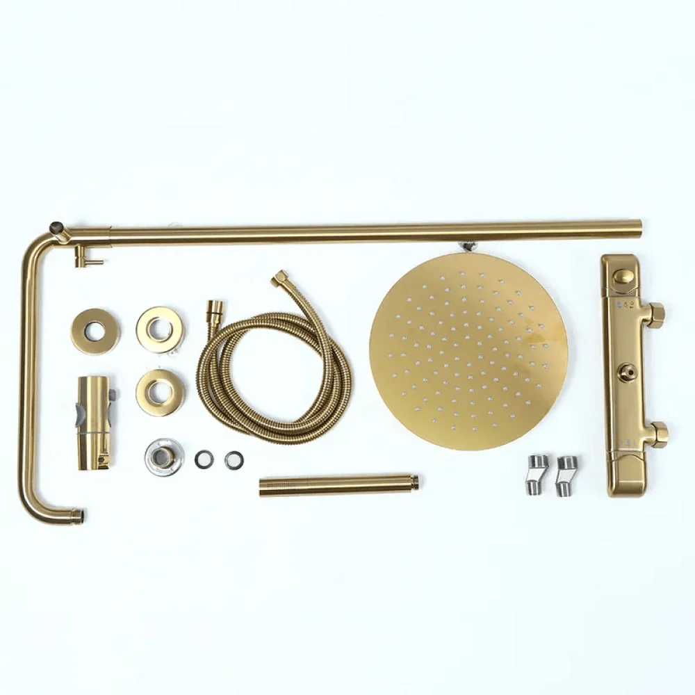 10" Modern Luxury Exposed Shower Fixture in Brushed Gold - Thermostatic Rainfall Shower Head -Bathlova