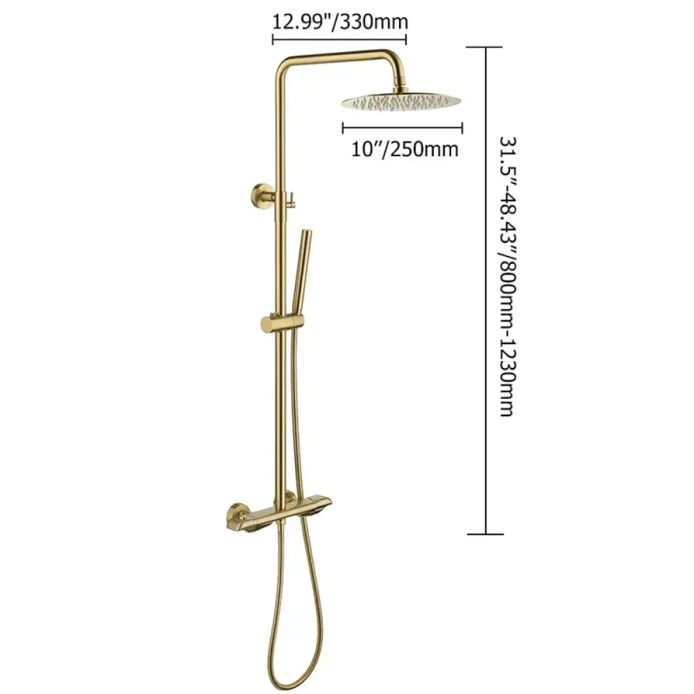 10" Modern Luxury Exposed Shower Fixture in Brushed Gold - Thermostatic Rainfall Shower Head -Bathlova