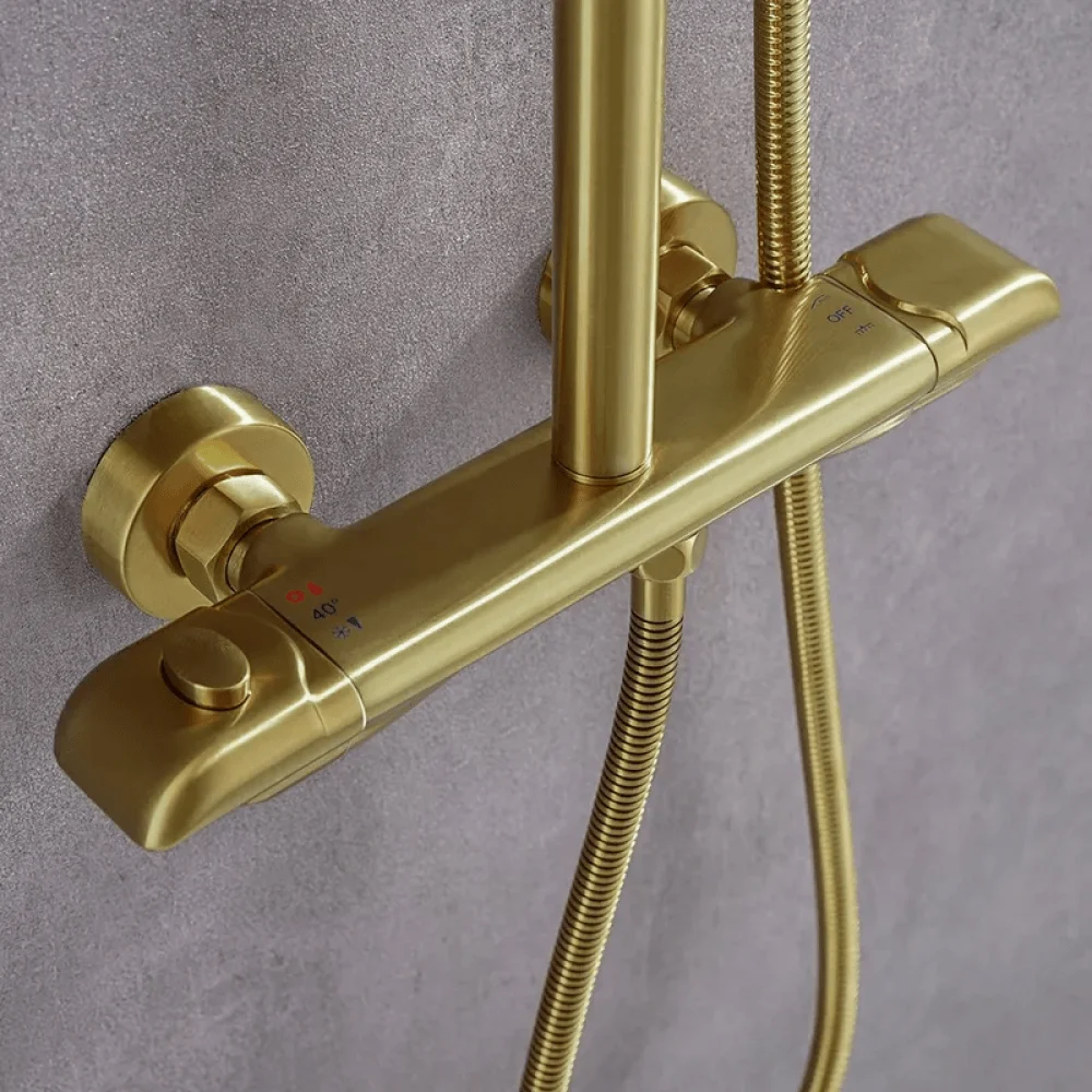 10" Modern Luxury Exposed Shower Fixture in Brushed Gold - Thermostatic Rainfall Shower Head -Bathlova