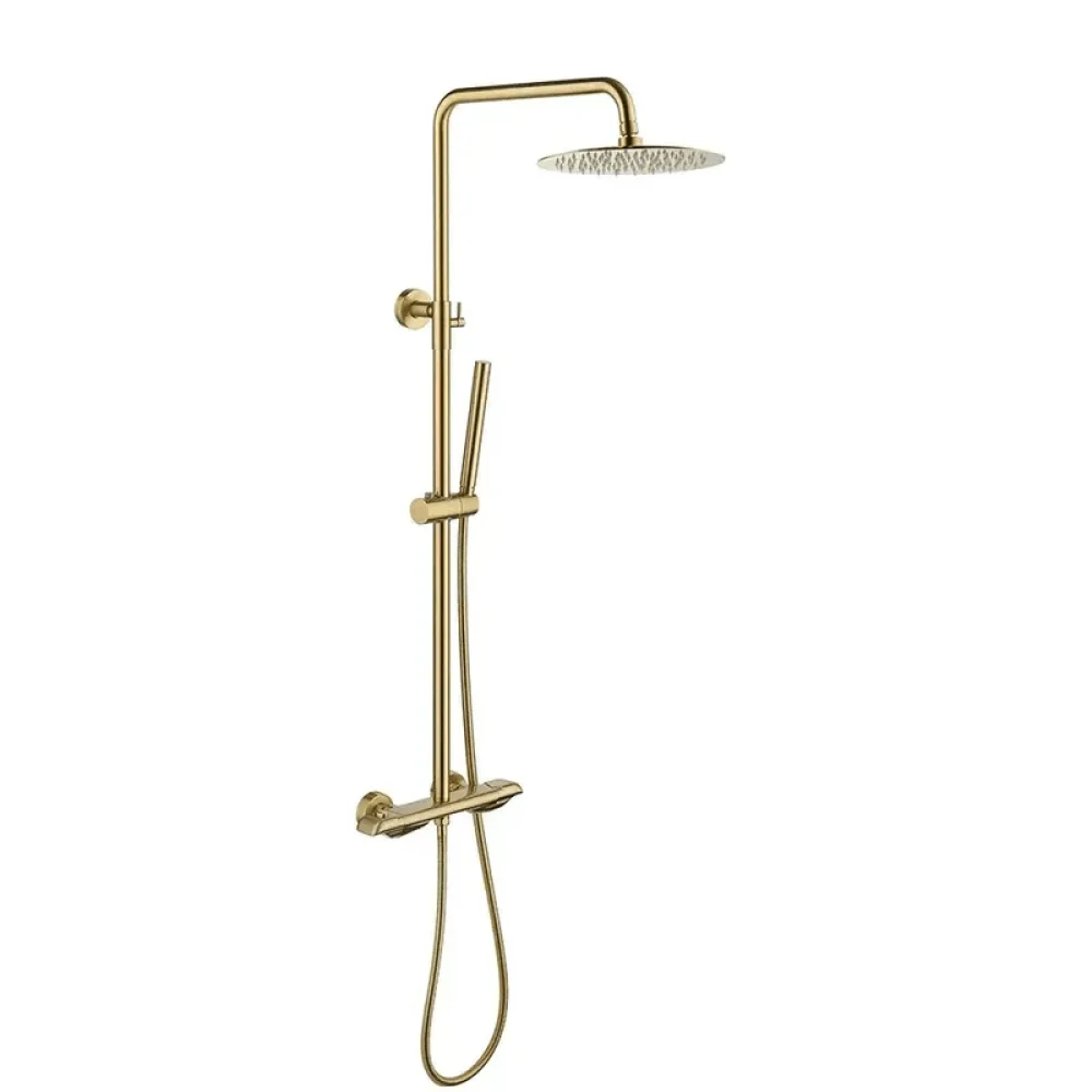 10" Modern Luxury Exposed Shower Fixture in Brushed Gold - Thermostatic Rainfall Shower Head -Bathlova