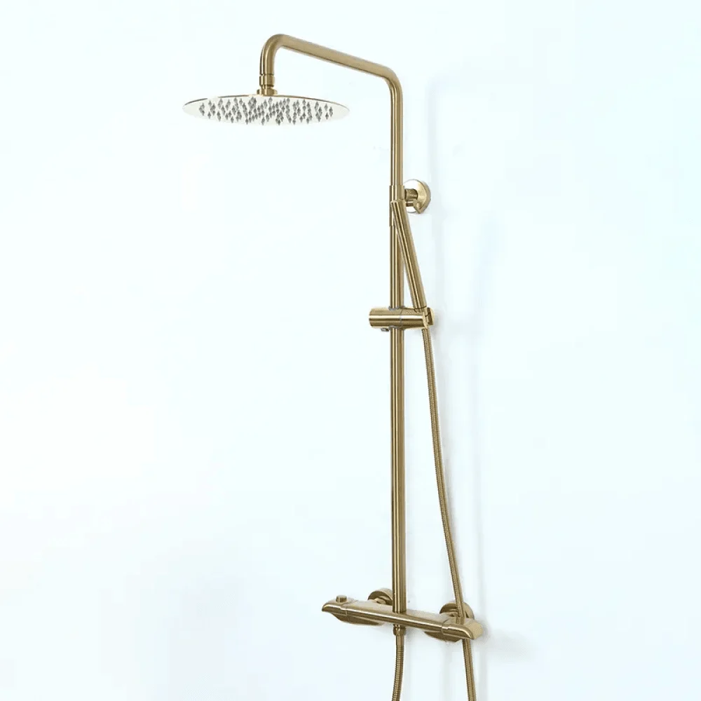 10" Modern Luxury Exposed Shower Fixture in Brushed Gold - Thermostatic Rainfall Shower Head -Bathlova