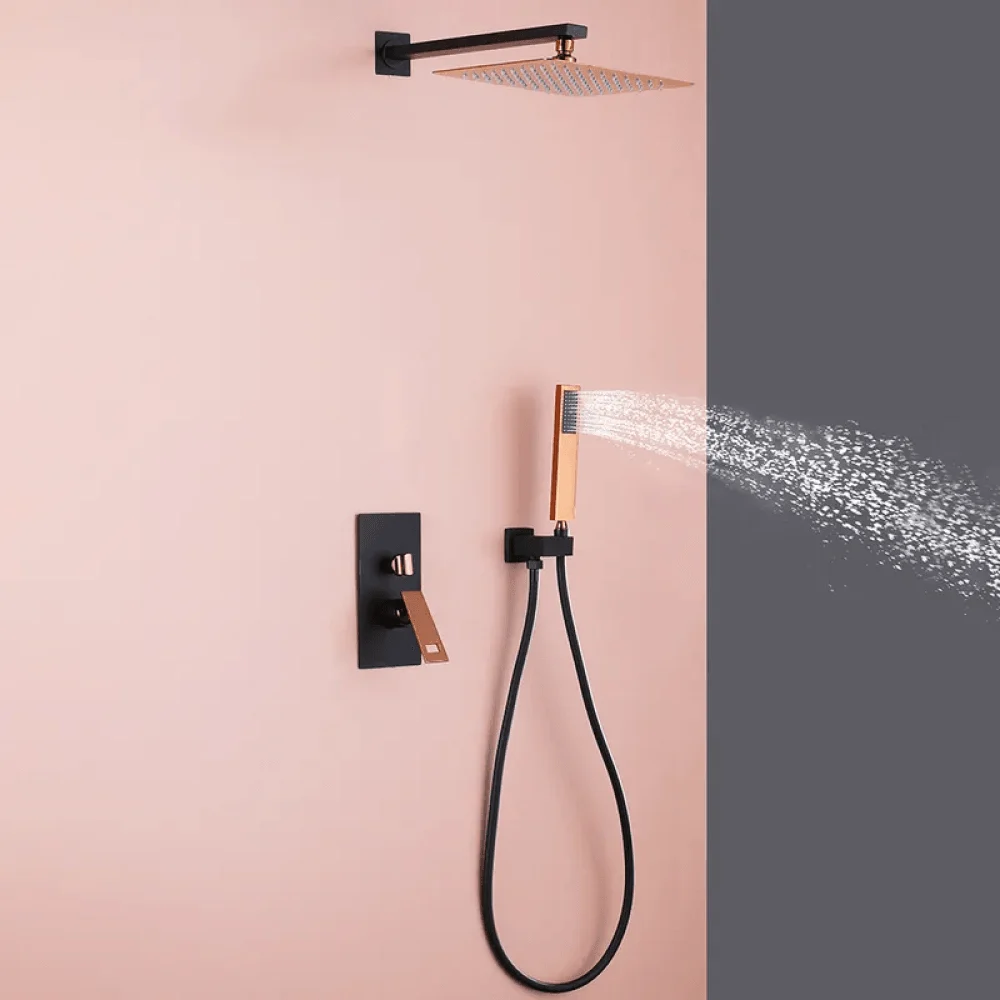 10" Wall-Mount Rainfall Shower System with Hand Shower Black & Rose Gold - Shower Head -Bathlova