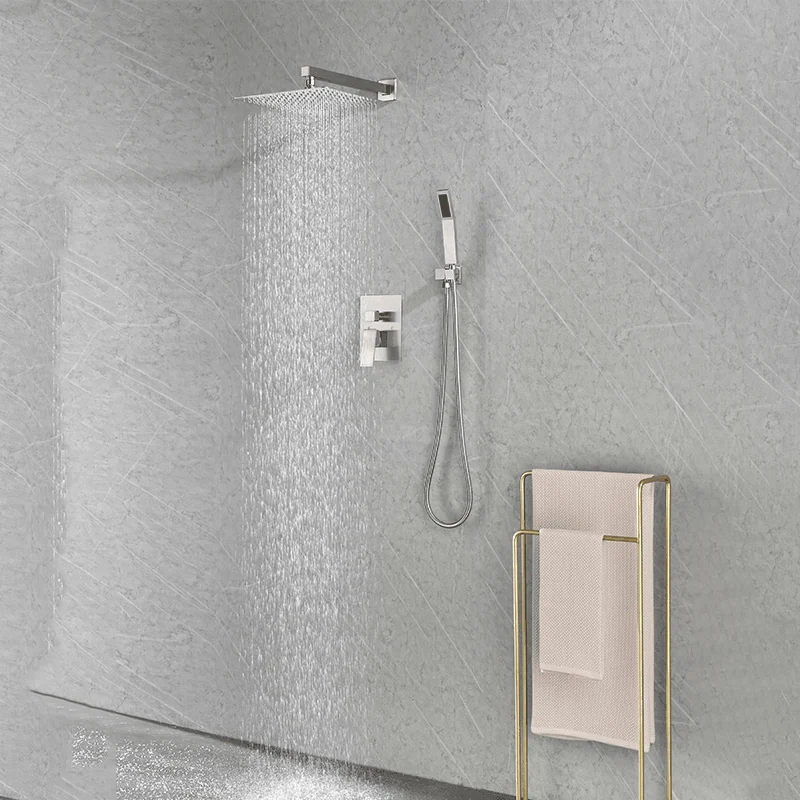 12" Brushed Nickel Wall-mounted Square Rain Shower Head System with Handheld Shower -Bathlova