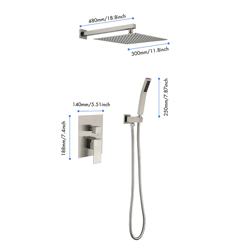 12" Brushed Nickel Wall-mounted Square Rain Shower Head System with Handheld Shower -Bathlova