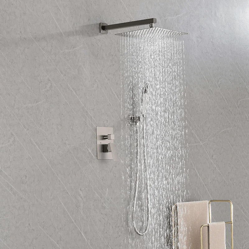 12" Brushed Nickel Wall-mounted Square Rain Shower Head System with Handheld Shower -Bathlova