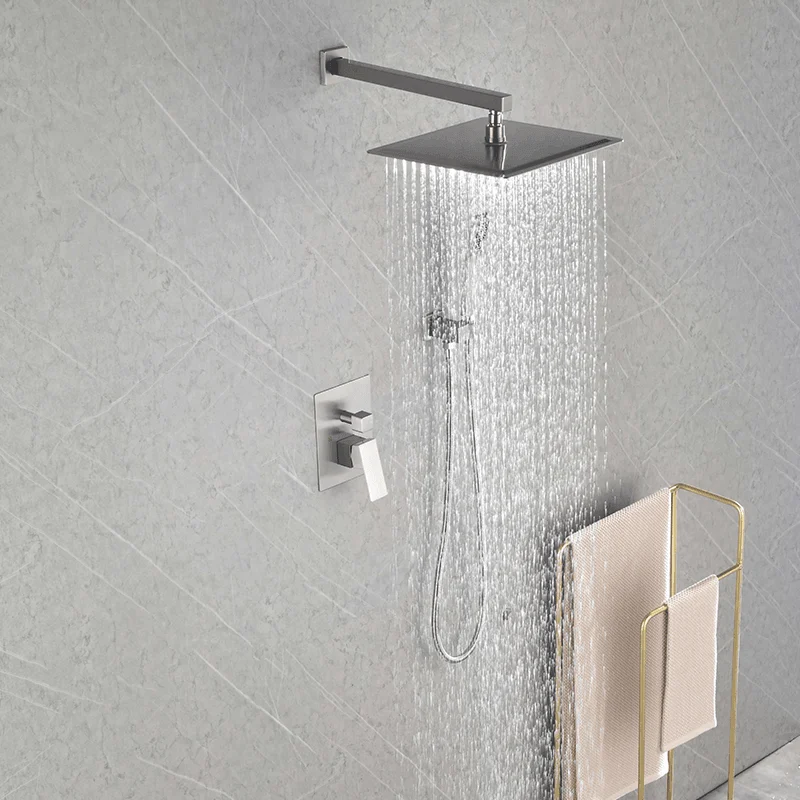 12" Brushed Nickel Wall-mounted Square Rain Shower Head System with Handheld Shower -Bathlova