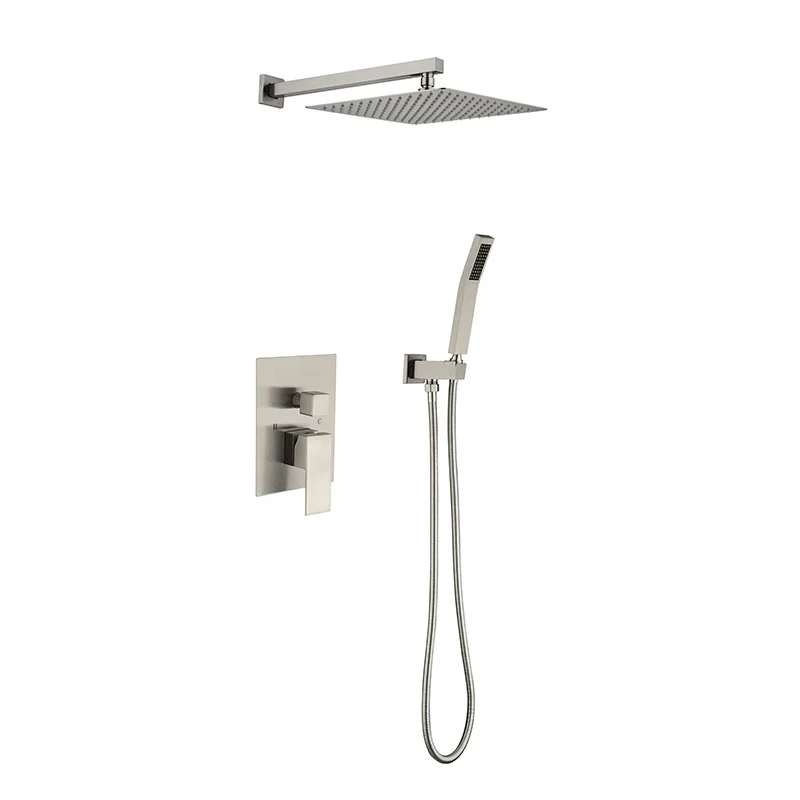 12" Brushed Nickel Wall-mounted Square Rain Shower Head System with Handheld Shower -Bathlova