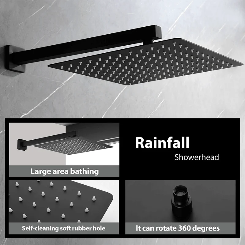 12" Matte Black Rain Shower Head Systems - Wall Mounted Shower -Bathlova