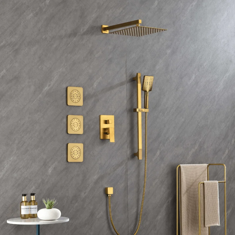 12" Rainfall Shower System with Square Shower Head - Brushed Gold -Bathlova